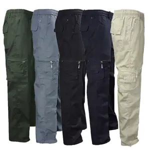 Imported Men's Solid Color Elasticized Summer Cargo Pants Cotton Cargo Combat Work Casual Pants Safari  Style