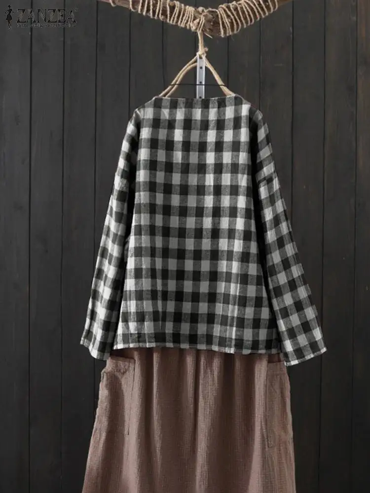 

ZANZEA Casual Long Sleeve Shirt Vintage Blouse Autumn Check Women Basic Blusas O Neck Plaid Tunic Tops Female Chemise Mujer 2023