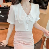 sweet fashion lace spliced v neck solid color button pullovers summer shirt womens clothing casual short sleeve ladies blouses