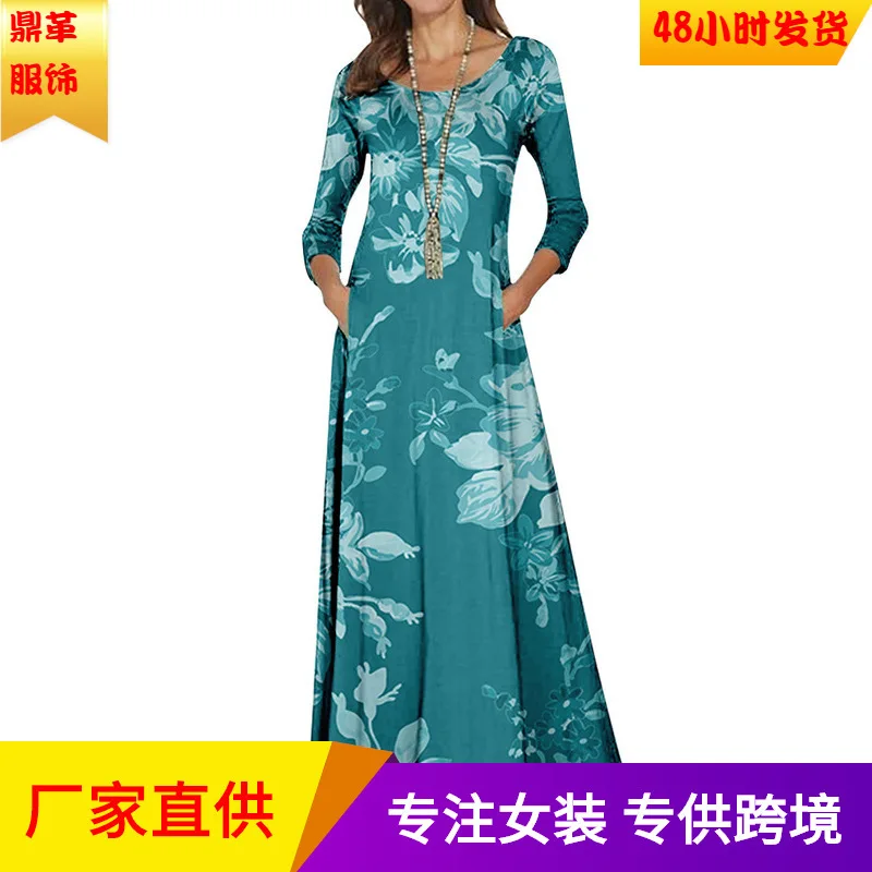 

2022 new European and American round neck retro style long-sleeved long skirt floral 3D printing summer casual women's clothing