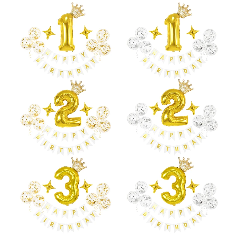 

Happy Birthday Banner 1/2/3 Kids Child Birthday Party Decoration Number Crown Balloons Set Globos Anniversary Decor Baby Shower