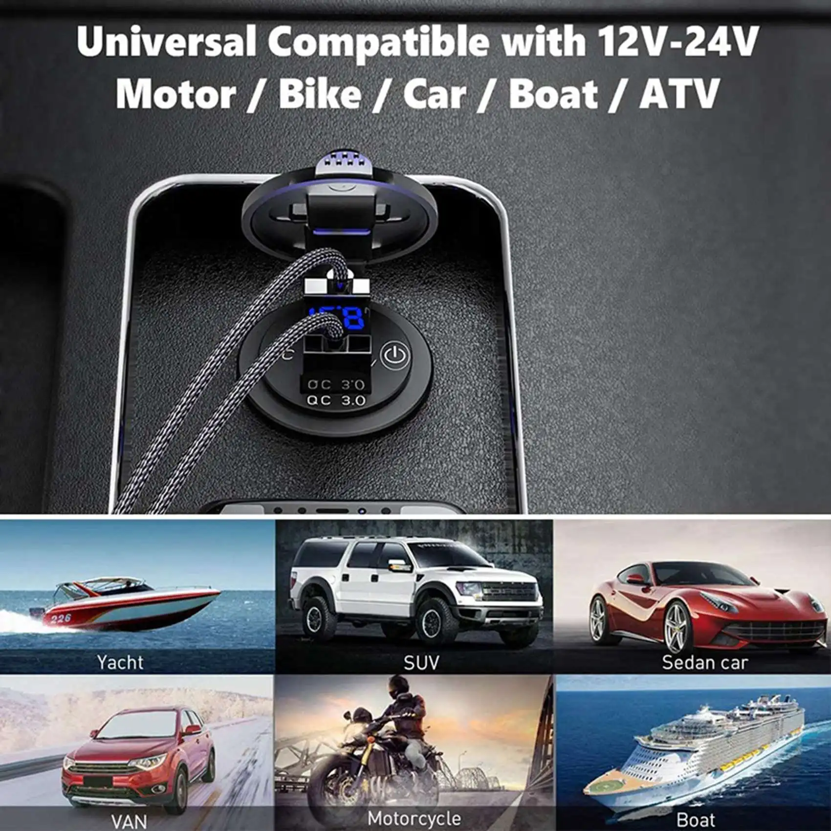 

Автомобильное зарядное устройство USB с двумя портами QC3.0, быстрая зарядка, 12 В/24 В, автомобильный адаптер со стандартным цифровым вольтметром и сенсорным выключателем B