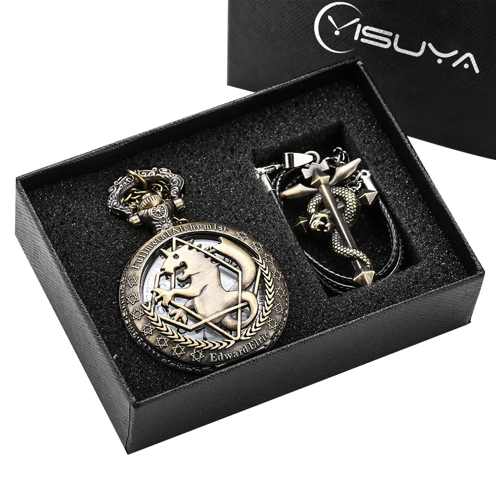 

Vintage Fullmetal Alchemist Quartz Pocket Watch Necklace Sets Retro Steampunk Pendant Chain Pocket Clock Box Set for Anime Boy