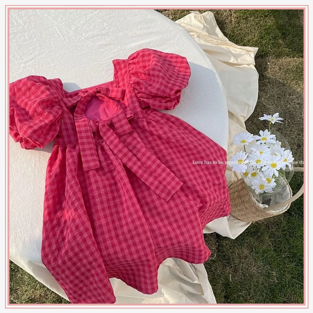 

Korean Style Rose Pink Plaid Bow Dress Elegant Lolita Child Big Girls Midi Dress Children Dresses Teens Party Princess Sundress