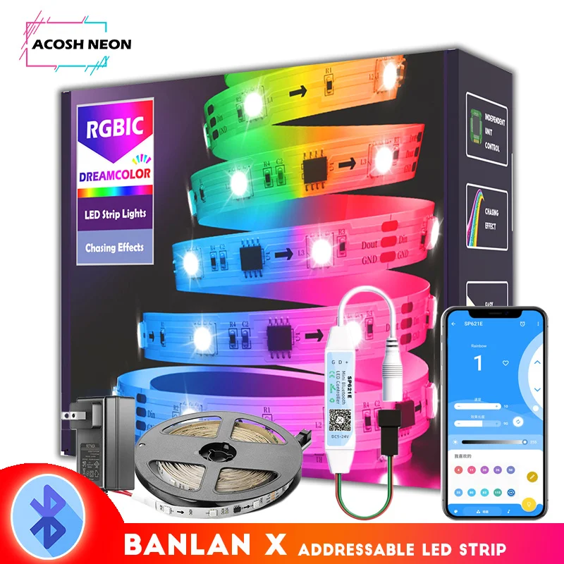 

Bluetooth Dreamcolor LED Strip Lights Control 5050 SMD RGBIC Pixel LED Strip Individually Addressable LED Strip BanlanX APP