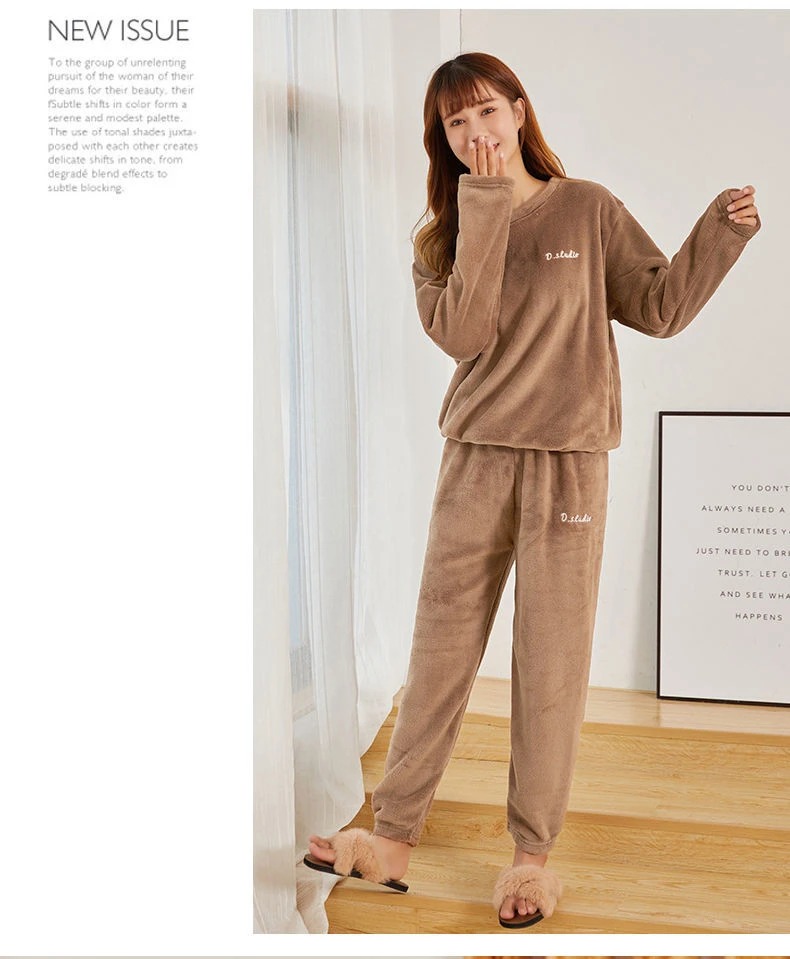 Autumn Winter Warm Flannel Pajamas for Women Students Cute Velvet Thicken Loose Sleepwear Set Coral Velvet Home Wear Clothes
