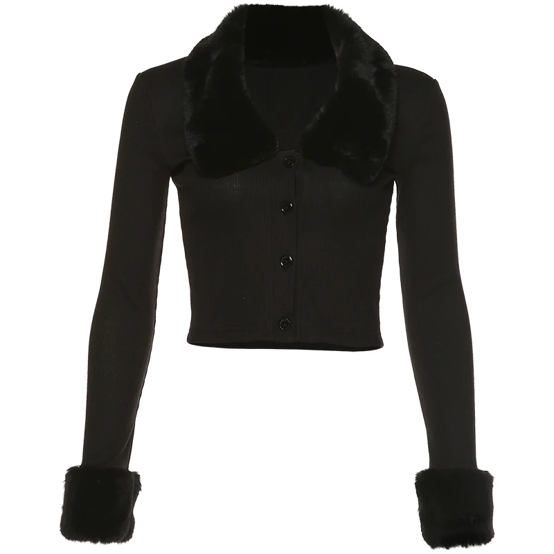 

European and American New Black Woolen Collar Cuff V-neck Buttons Top Slim-Fit Short Sweater Coat for Women