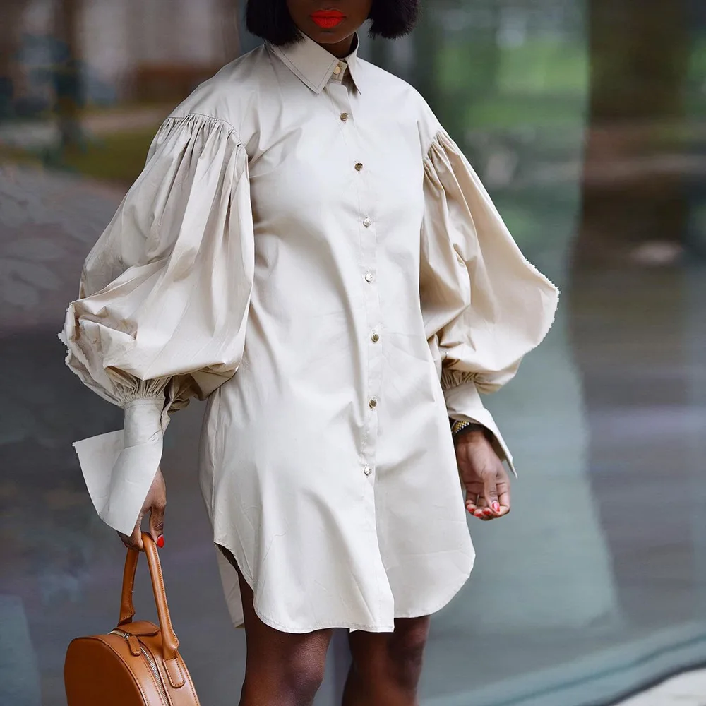 

ELIJOIN Europe and America Elegant Women's Loose Bubble Sleeves Solid Color Casual Long Sleeve Shirt Skirt Fashion Dress
