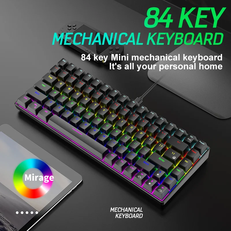 

Механическая игровая клавиатура с 84 клавишами, зеленый/красный переключатель, портативная Проводная Мини-Клавиатура со светодиодный Ной п...