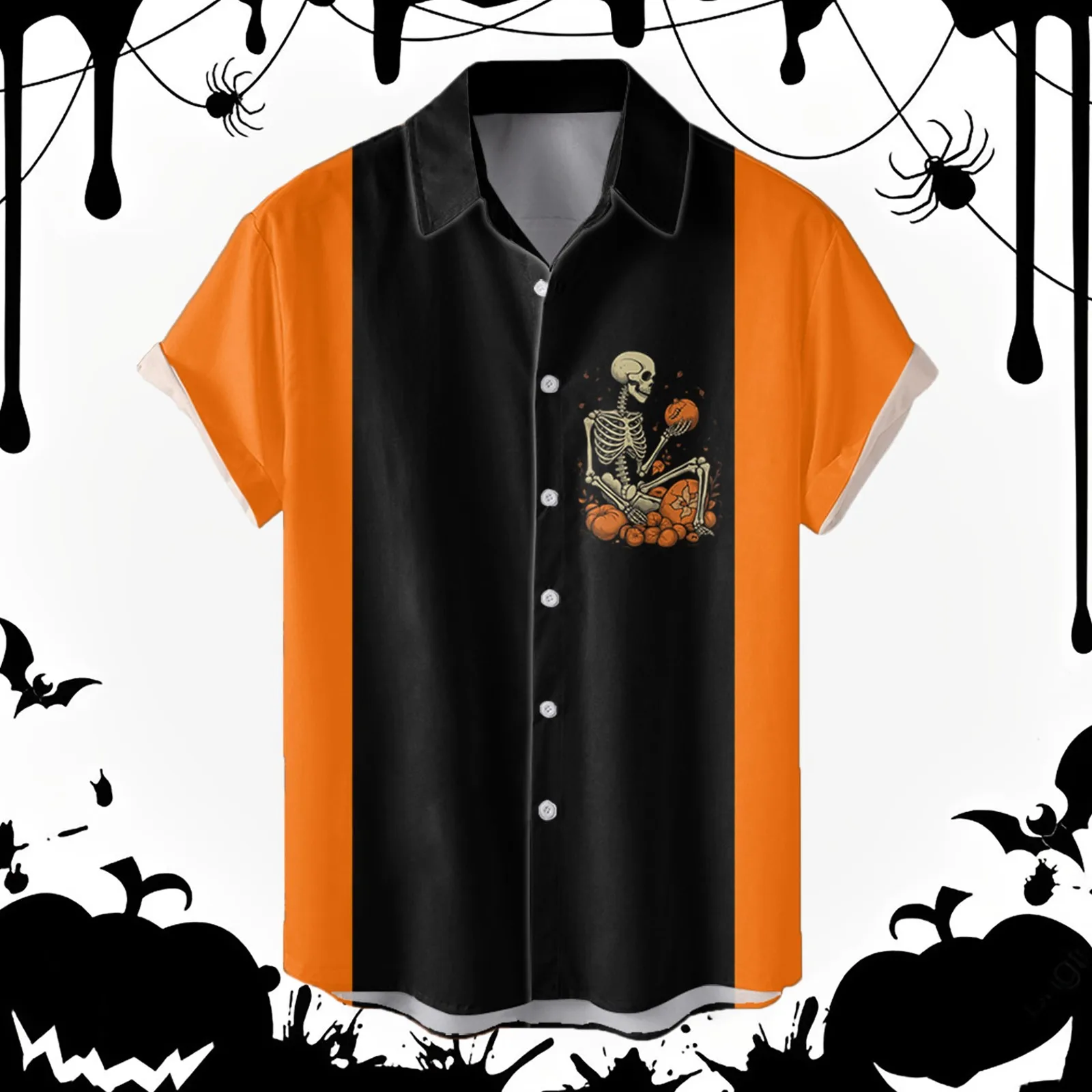 

Men Halloween Short Sleeve Shirt Top Striped Color Matching Human Skeleton Printed Blouse Tops Festival Male Lapel-Neck Clothing