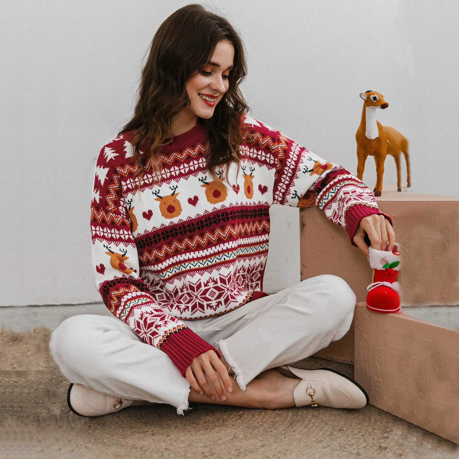 

2023 Women Christmas Love Fawn Pattern Sweaters Fall Winter Knitted Sweater Pullovers Tops Female Warm Plus Size свитер женский