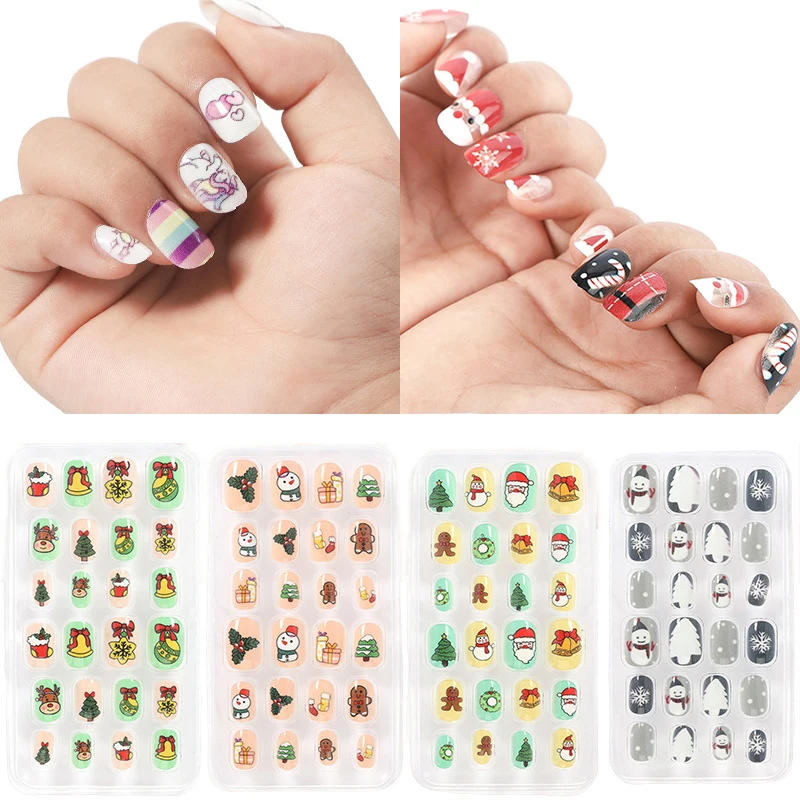 

24Pcs Christmas False Nail Tips Press On Children Full Cover Kid With Glue Fake Nail For Girls New Year 2022 Nail Decor Manicure