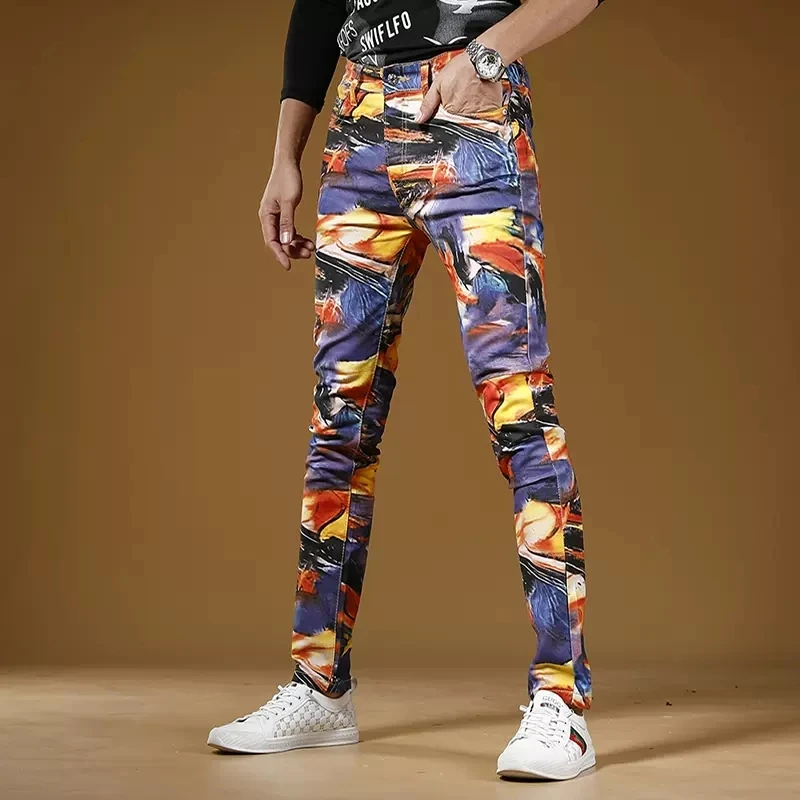 Men Digital Printing Jeans Mens Casual Pants 2022 Streetwear Fashion Colorful Cotton Slim Fit Straight Denim Trousers