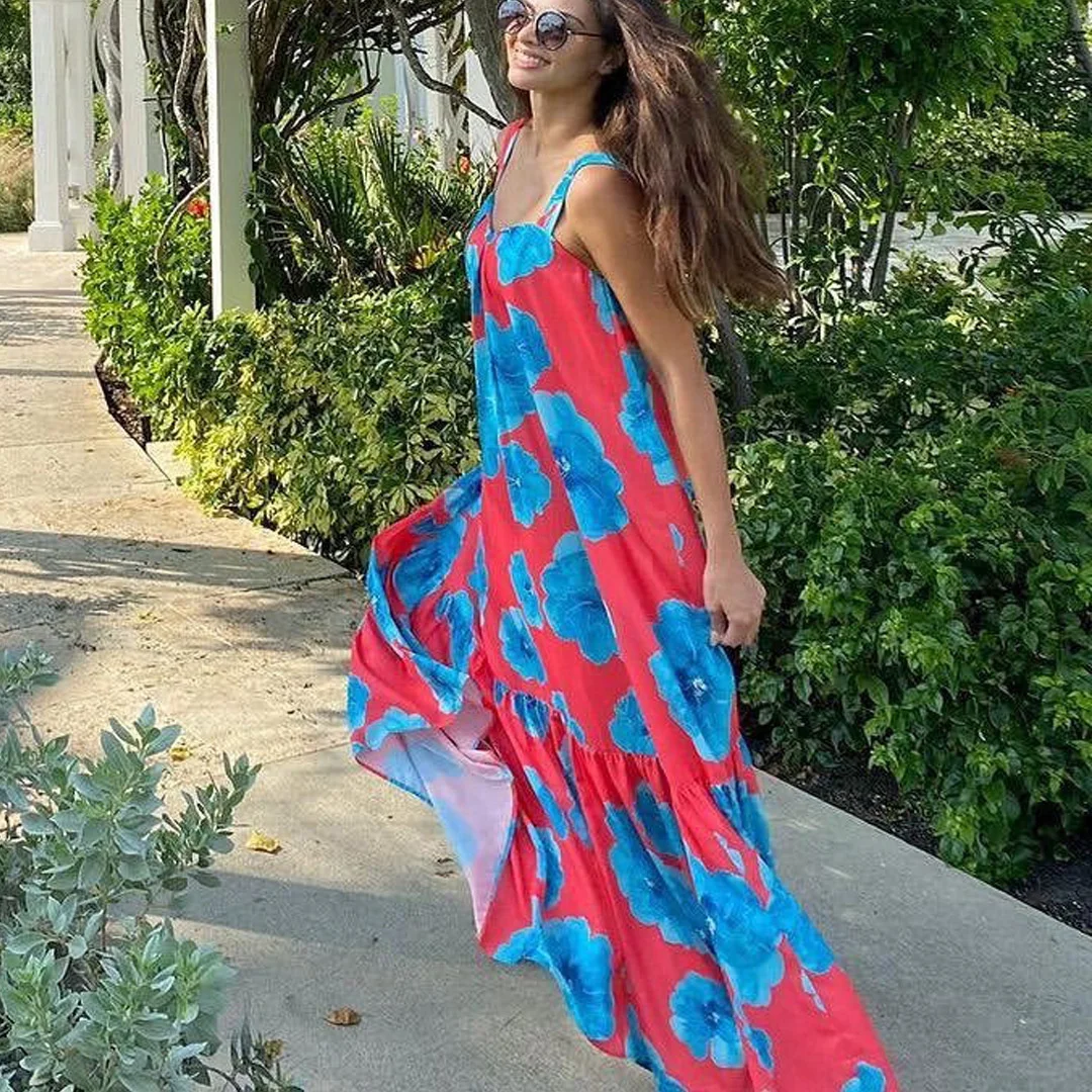 

Zoctuo Bohemian Printed Going Out Dresses For Women Club Sexy Strap Sleeveless Loose Long Skirt Vacation Beach Vintage Dress