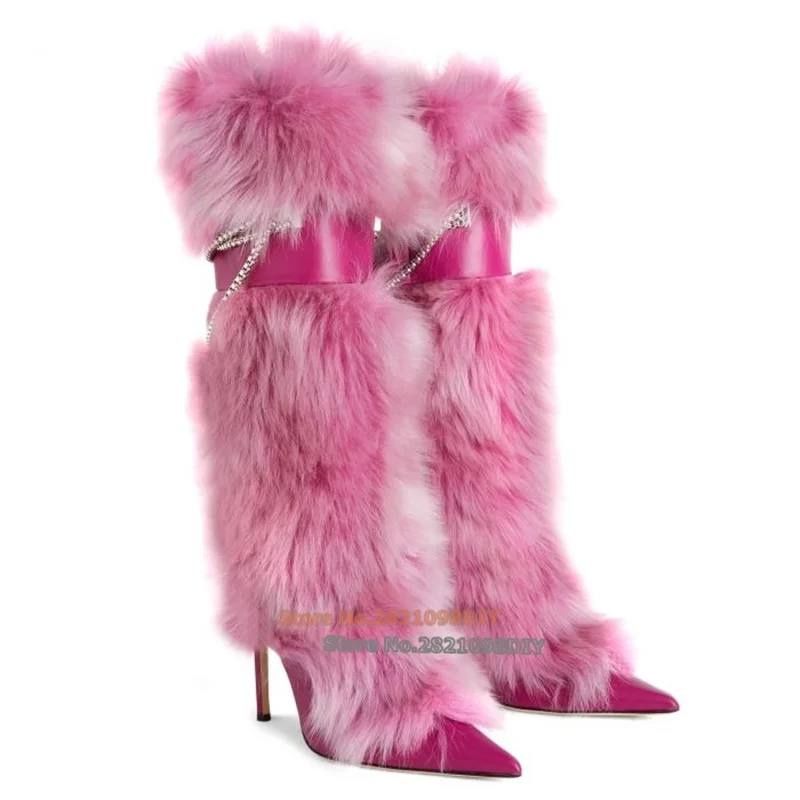 

Pointed-Toe High Heel Boots Women Fuchsia Real Fur Silver Metal Chain Stiletto Heels Matching Leather Mid-Calf Bootie