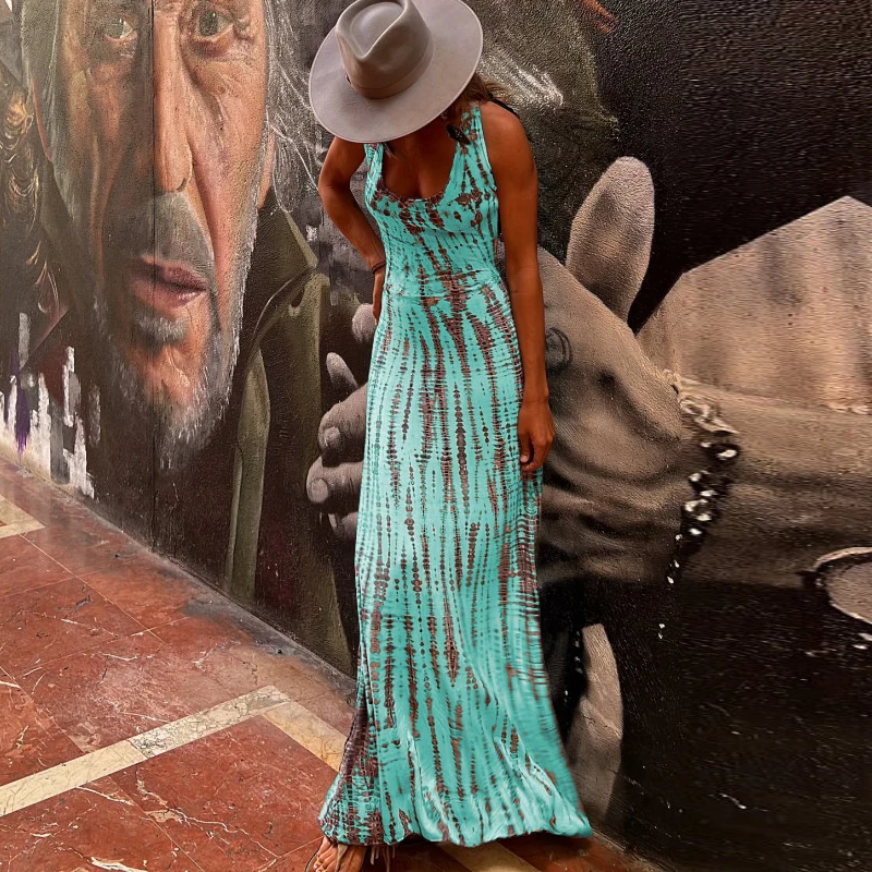 

Spring Retro Printed Bohemian Long Dress Women Sexy Square Collar Hollow Straight Party Dress Summer Backless Bandage Maxi Dress