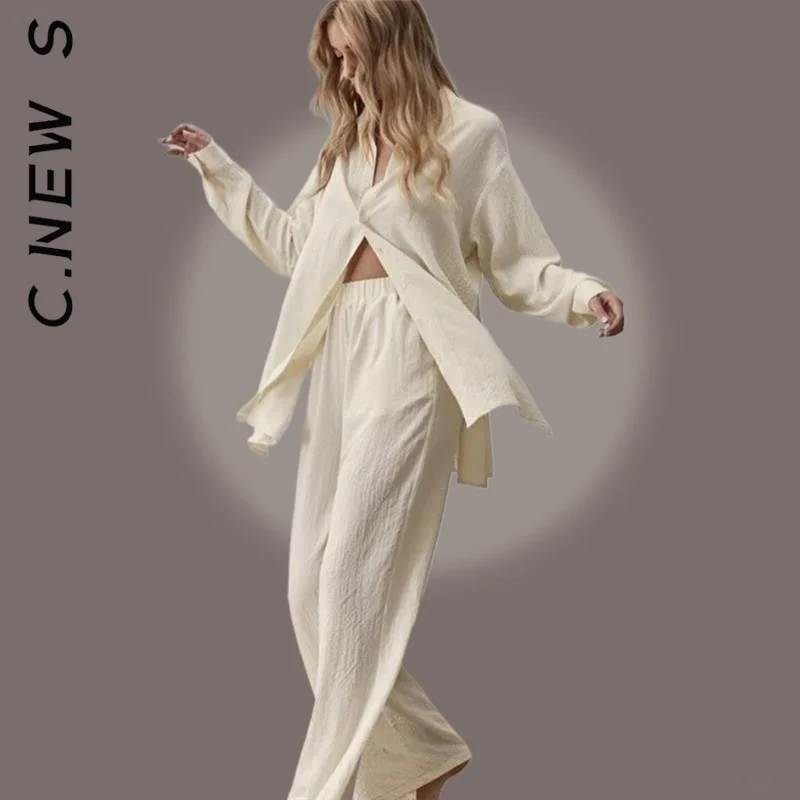

C.New S New Women Set Soft Sets Casual Long Pants Womens Outfits Elegant LapelTwo Piece Sets Vintage Female Sweatsuits Women