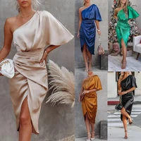 fashion girl sexy party satin silk dress for women short sleeve one shoulder high split bandage long dresses 2022 summer new