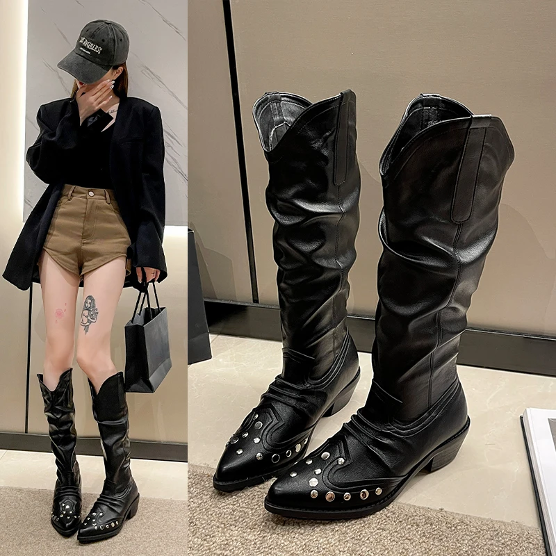 

Woman Knee High Leather Boots Black Chunky Heels Studded Western Low Heel Designer Shoes Elegant Sexy New Rock Goth