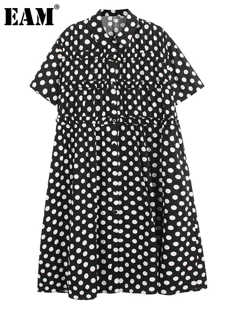 

[EAM] Women Blac Dot Printed Big Size Shirt Dress New Lapel Short Sleeve Loose Fit Fashion Tide Spring Summer 2023 1DF7936