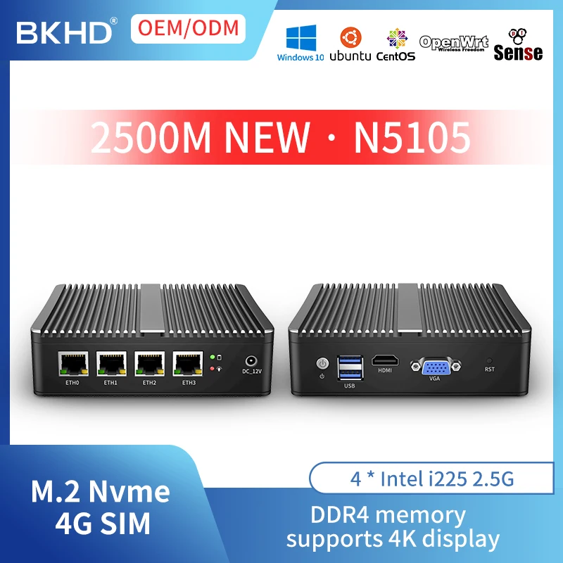 BKHD Pfsense Mini PC G30 4 Lan 2500M Ports Soft Router J4125 DDR4 RAM USB3.0 VGA Computer Business Industrial Gaming Processor