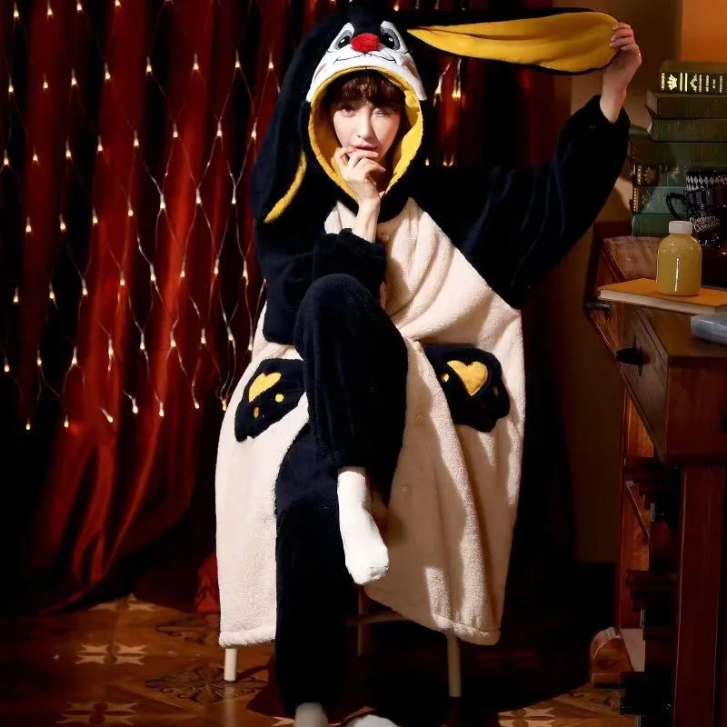 

Winter Flannel Robes Women Sweet Thick Warm Plus Velvet hooded Bathrobes Female Sweet Cute Fluffy Soft Nightwear Windproof Daily
