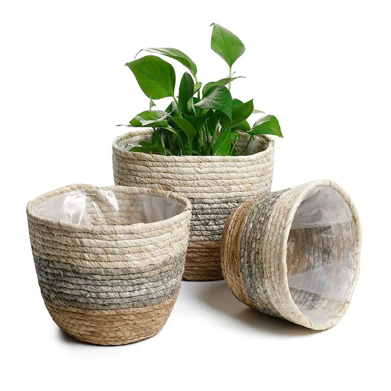 Straw Plant Basket Woven Flower Pot Indoor Outdoor Plant Container Modern Home Storage Organizer Living Room Bedroom Decoration