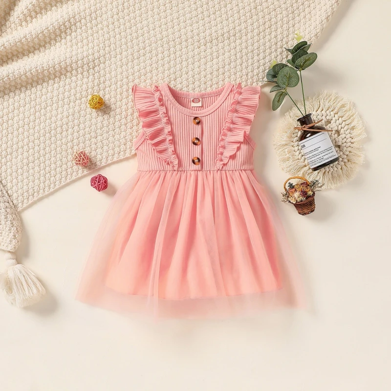 

Летние платья из тюля для маленьких девочек, Милое трикотажное платье принцессы в рубчик с оборками, платье-трапеция для свадьбы, дня рожден...