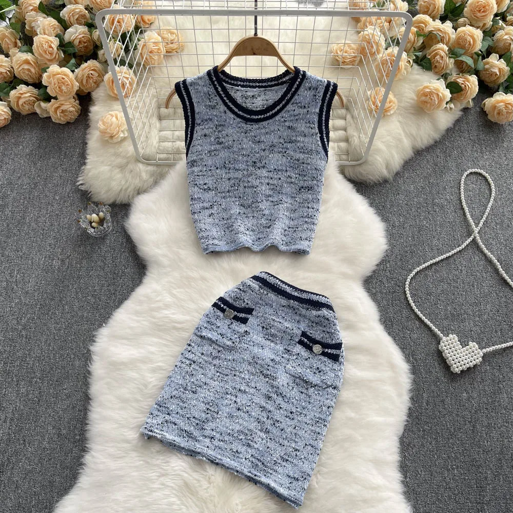 

2022 Summer New French Classic Style Knitting Suit, Short Sleeveless Vest High Waist Short Skirt Two-Piece Set