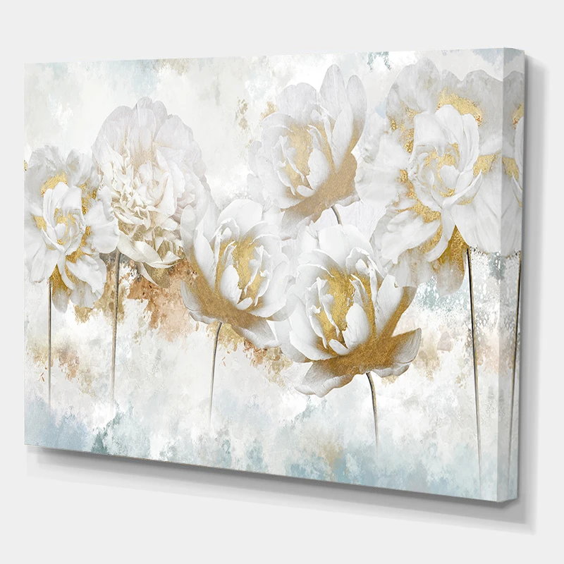 

Customized Horizontal Modern Gold Blossom Floral Wall Artwork Pictures Canvas Flower Painting For Home Decor