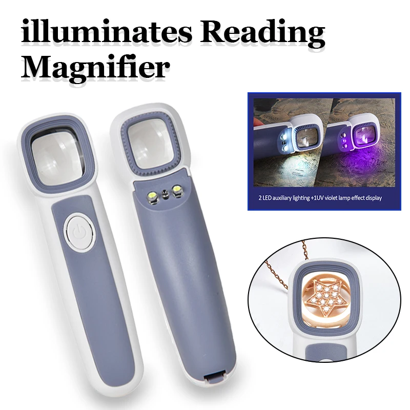 50x освещает лупа для чтения с 2 светодиодными лампами и фиолетовой лампой 1 УФ