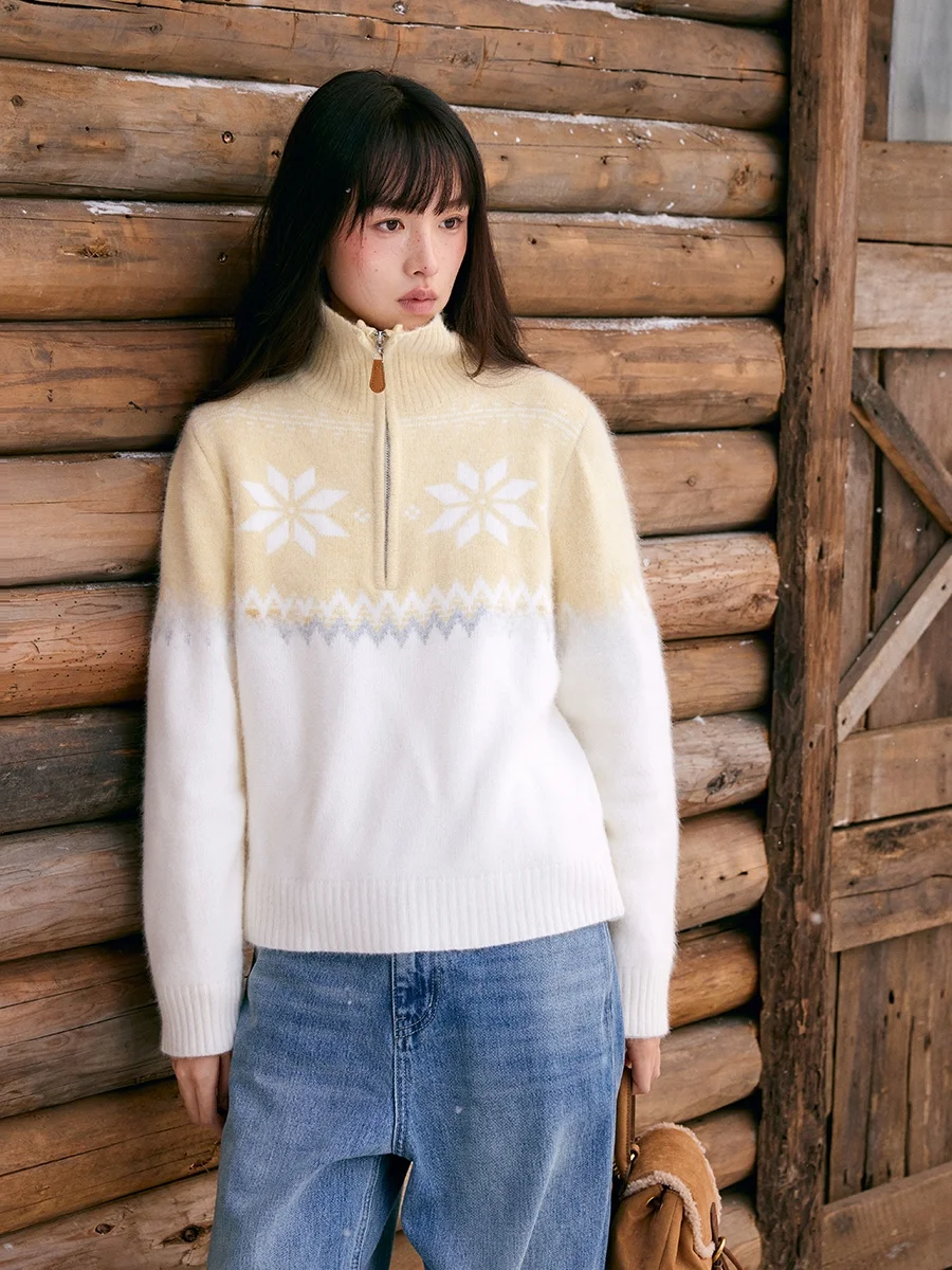 Blueerror мех енота снежинка жаккардовый термосвитер на молнии женский воротник-поло