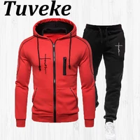 tuveke brand mens casual faith print collection fashion hooded drawstring fleece warm solid color loose versatile sports suit