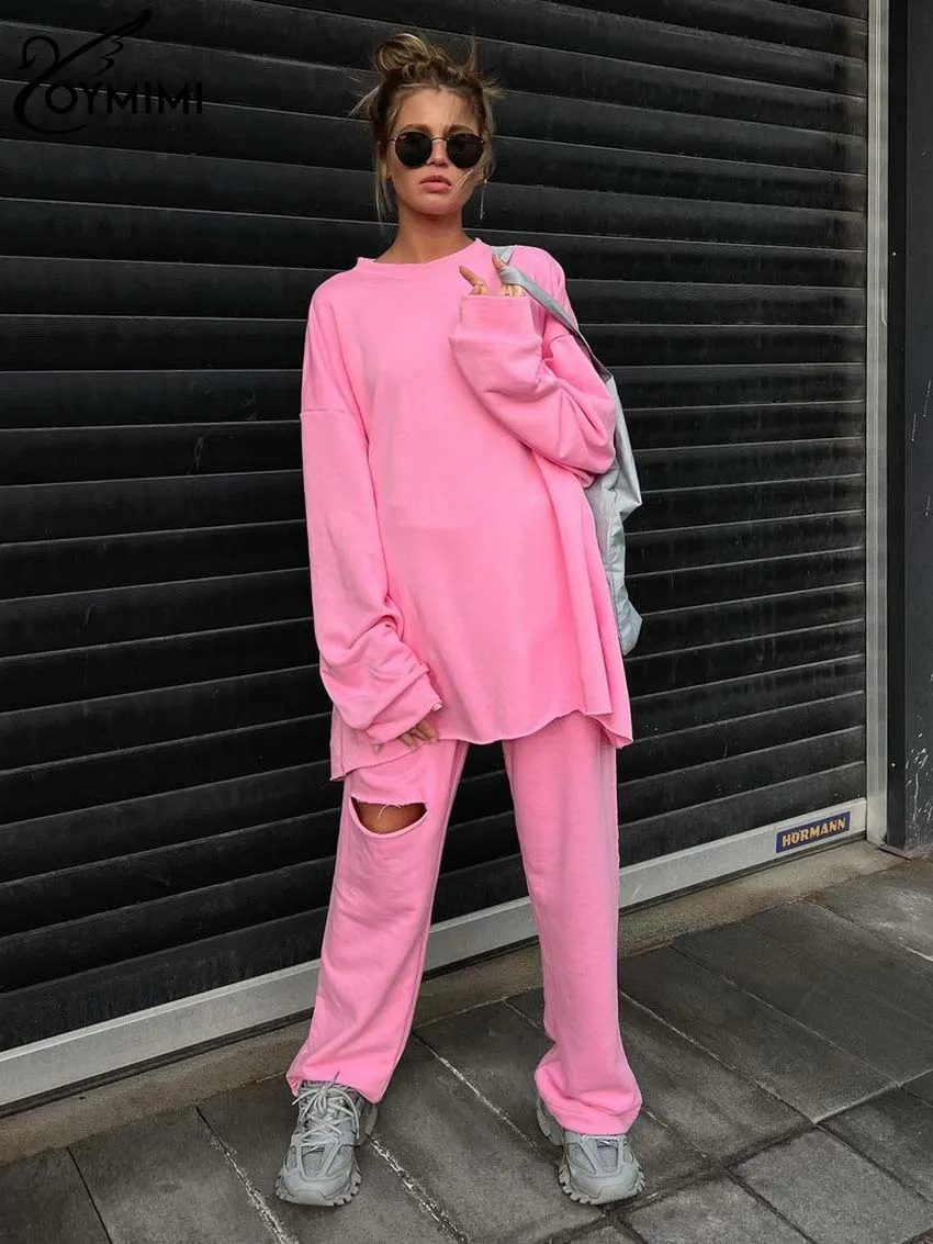 

Oymimi Casual New Pink Knitting Two Piece Set For Women Elegant O-Neck Long Sleeve Simple Tops + High Waist Hollow Out Pants Set