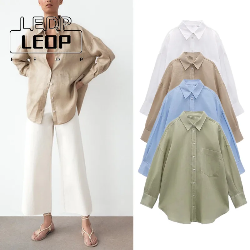 LEDP Blouse Versatile Long Sleeve Lapel Front Patch Pockets Side Vents Hem Button Closure Linen Shirt Single Breasted Women's