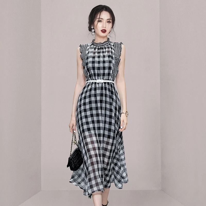 

Self-Portrait For Women O-neck Plaid Sleeveless High Waisted Party Dresses Female Runway Fashion Ruffles Vintage Long Dress Robe