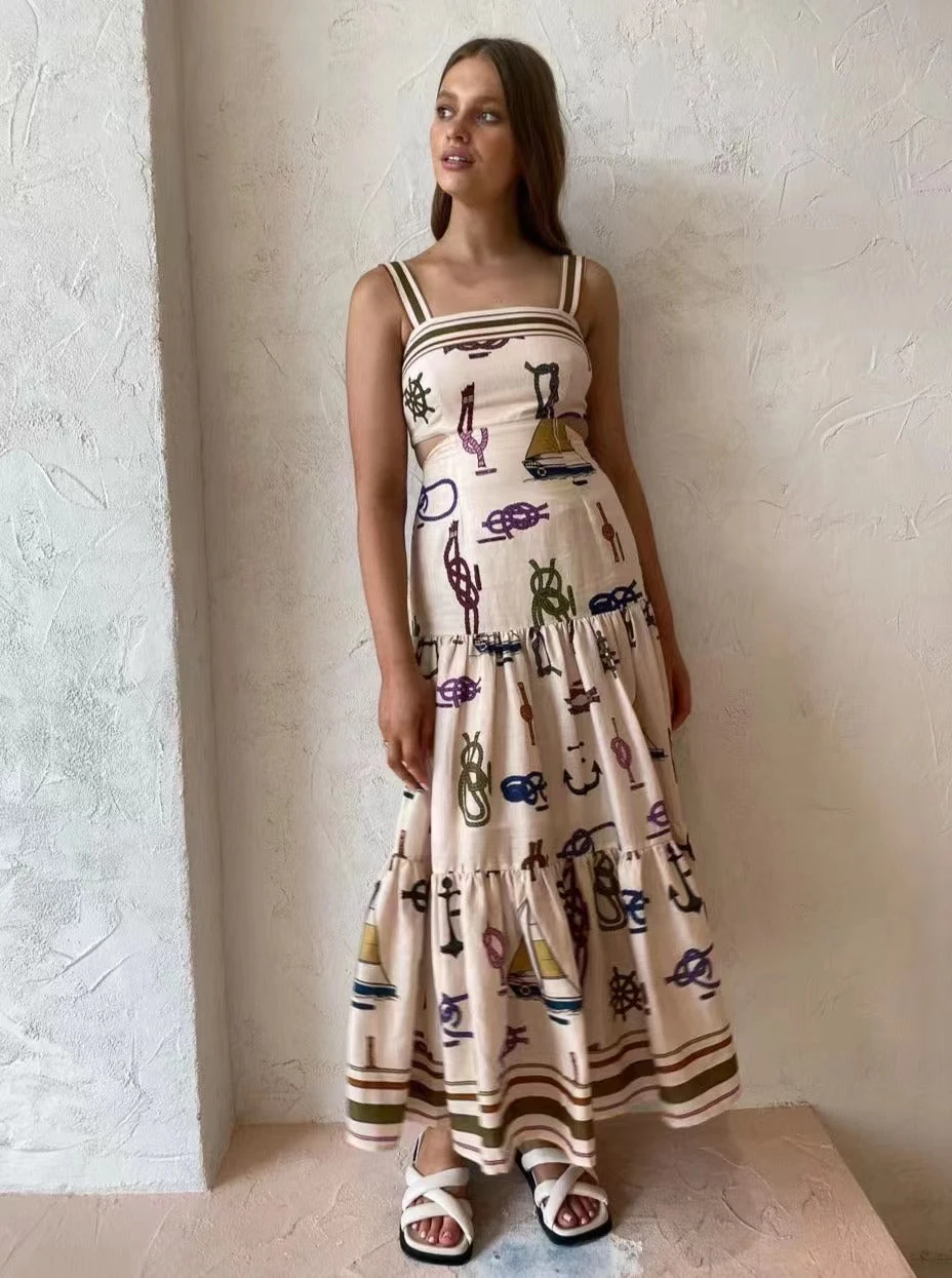 

2022 New Women Strapless Ship Print Hollow Out Waist Long Sundress