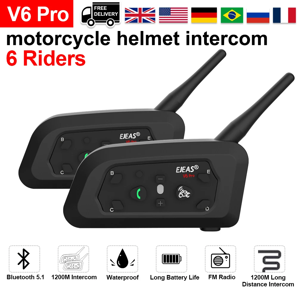 EJEAS V6 PRO motorcycle helmet intercom 5.1 Bluetooth Headset intercom 1200M Communication interphone Moto Waterproof 6 Rider