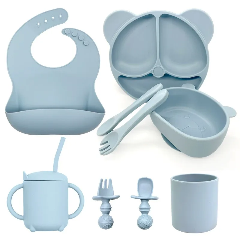 

Silicone Baby Plates Suction Bowl Spoons Forks Bib Bowls Water Cup Baby Feeding Tableware Set Toddler Non-slip Eating Dinnerware