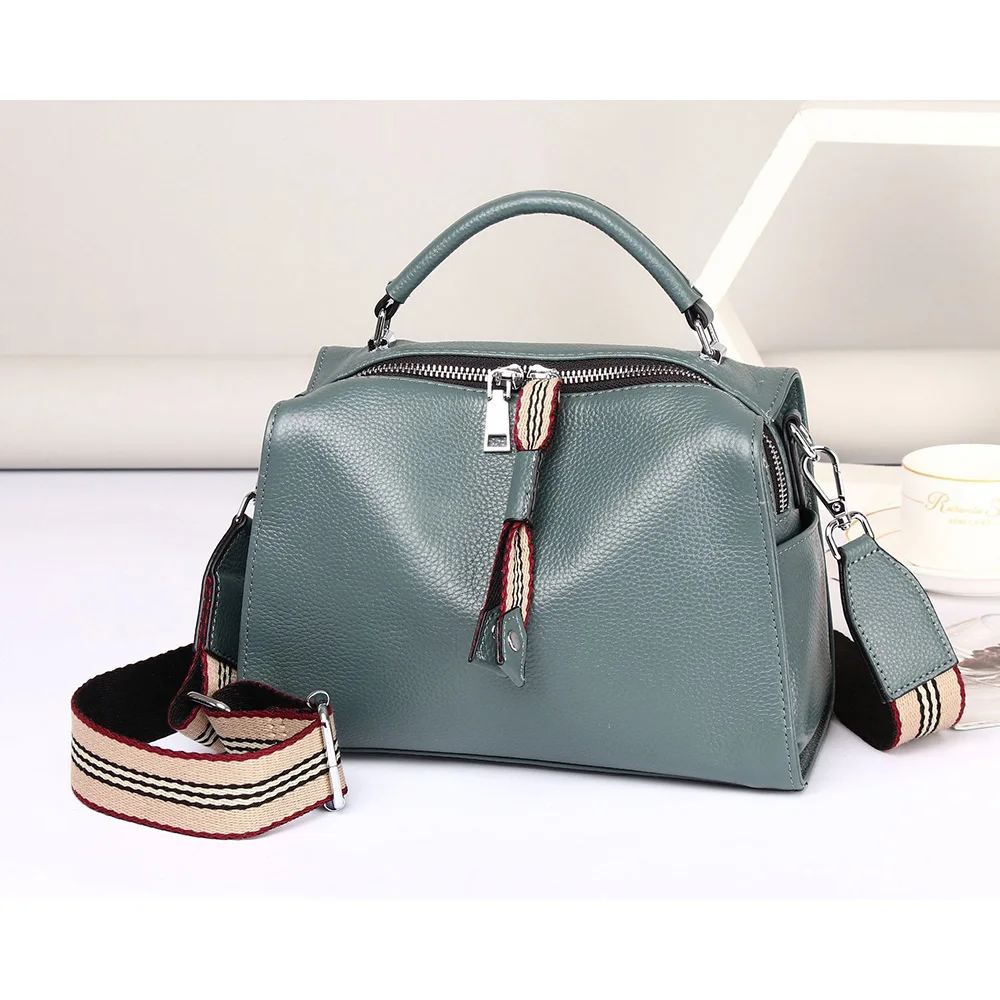 Fashion Trend Genuine Leather Woman Handbag Purse Wide Striped Strap Shoulder Bag High Capacity Boston Bags Female Crossbody Bag