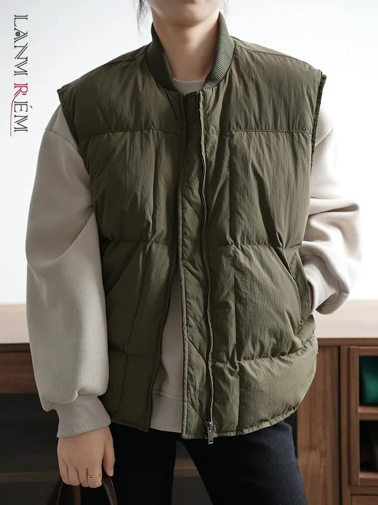 

[LANMREM] Solid Simplicity Cotton Vest For Women Round Neck Zipper Cardigan Thicking Warm Tops Female 2023 Winter New 26D6731