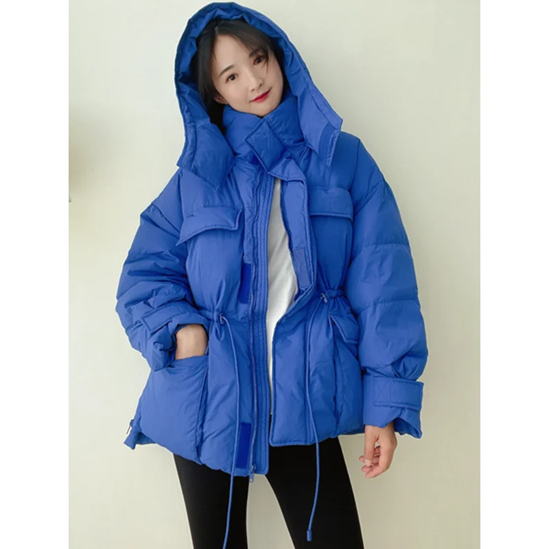 

Winter Hooded Light Feather Short Jacket Women 90% White Duck Down Warm Thick Coat Irregular High Waist Fluffy Puffer Outwear Y