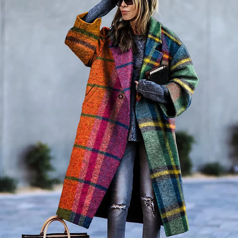 

2022 new autumn women's long-sleeved lapel coat printed woolen long coat