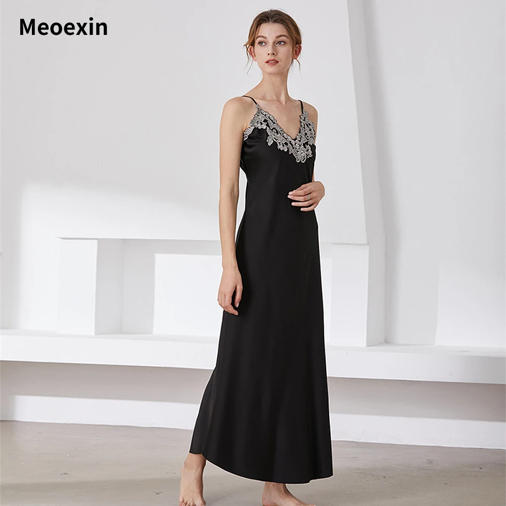 2023 Women's New Simple Fashion Sling Long Pajama Dress Lace Splice Dress Lace Sexy Deep V-Neck Sling Pajama Soft Silk Homewear