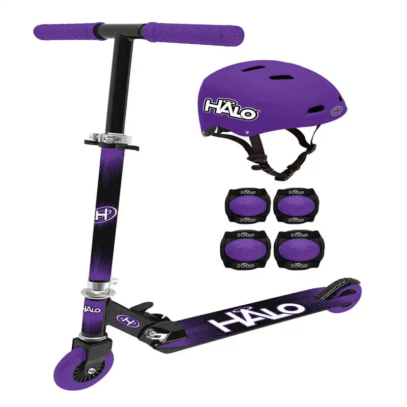 

Комплект скутеров из 6 предметов фиолетового цвета, 1 Высококачественный встроенный скутер, 1 размер регулируемого спортивного шлема, 2 налокотника, 2