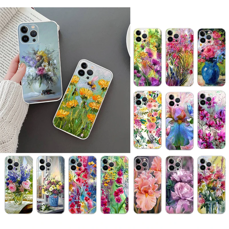 

Phone Case For iphone 14 Pro Max 13 12 11 Pro Max XS Max XR X 12mini 7 8 14 Plus SE Floral Flower painting Case Funda Capa Cell