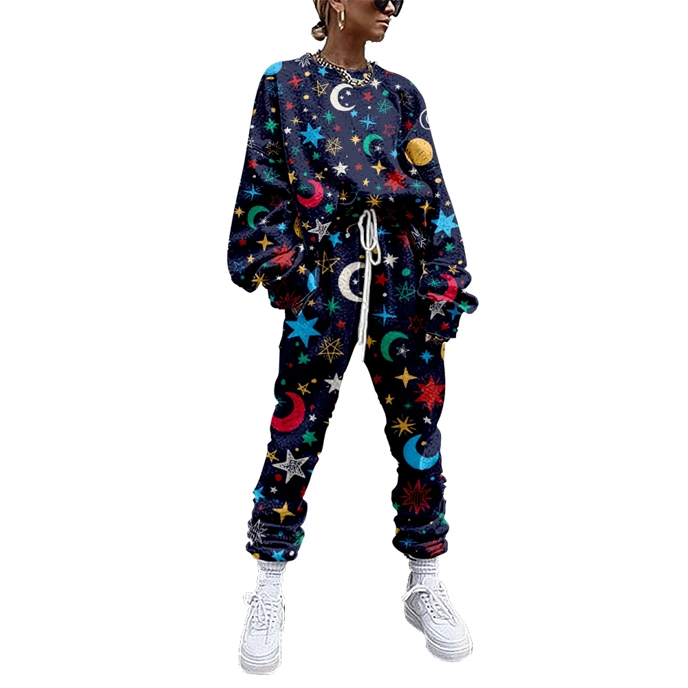 

Women's sportswear two-piece set, the moon starry sky printed sportswear casual sweater + trousers women's sportswear