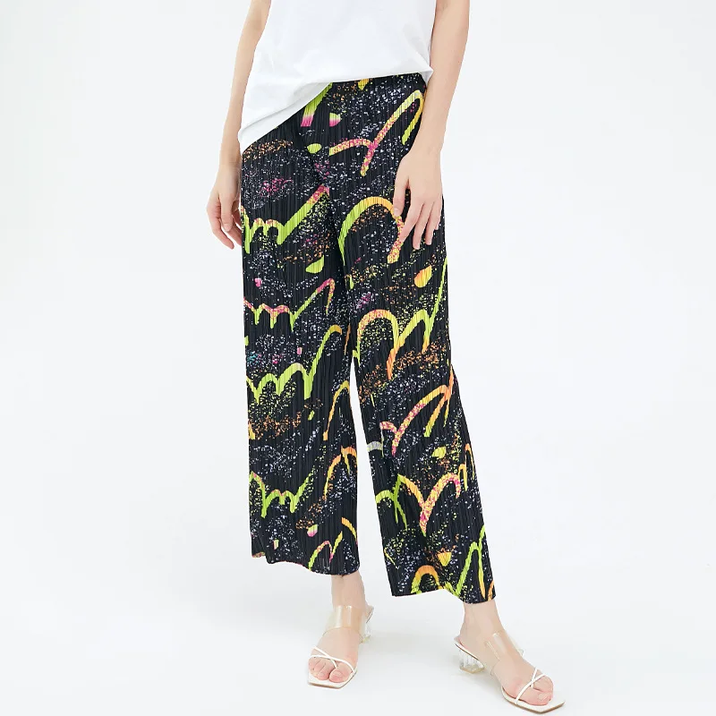 Miyake pleated straight-leg pants women's autumn drape all-match pants casual printed wide-leg pants