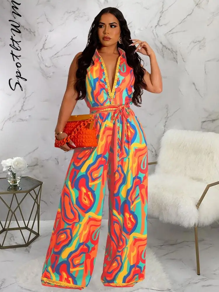 

Women Sexy Printed Loose Jumpsuits Casual V-neck Sleeveless Waisted Lace Up Wide Leg Rompers Summer Female Fashion Streetwear