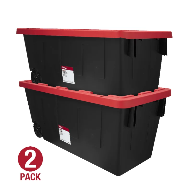 

Hyper Tough 50 Gallon Snap Lid Wheeled Plastic Storage Bin Container, Black with Red Lid Set of 2